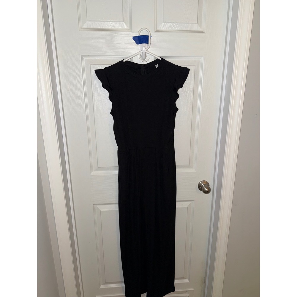 PrettyGarden Womens Black Ribbed Ruffle Sleeve Wide Leg Jumpsuit Size M